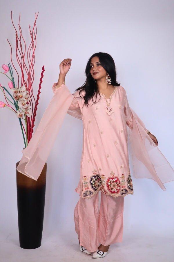 Elegant Peach Indo - Western 3 - Piece Set with Embroidery Perfect for Parties & Special Occasions - Anusheet Fashion