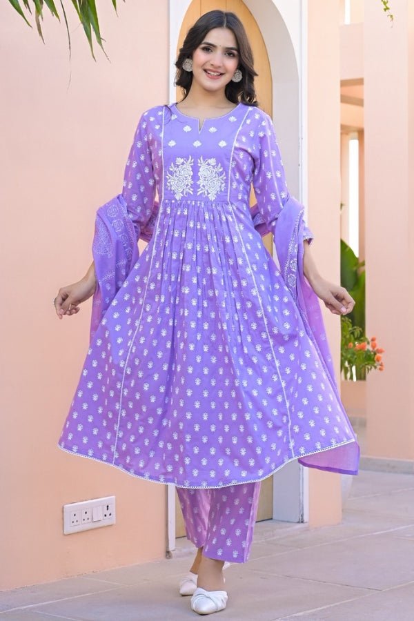 Elegant Purple 3 - Piece Kurti, Pant & Dupatta Set Embroidered Cotton Ensemble - Anusheet Fashion