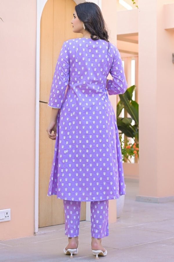 Elegant Purple 3 - Piece Kurti, Pant & Dupatta Set Embroidered Cotton Ensemble - Anusheet Fashion