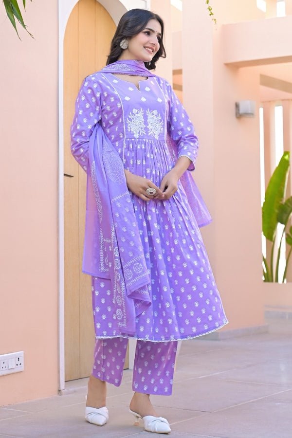 Elegant Purple 3 - Piece Kurti, Pant & Dupatta Set Embroidered Cotton Ensemble - Anusheet Fashion