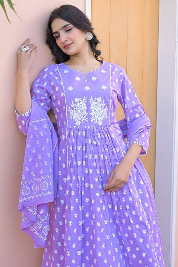 Elegant Purple 3 - Piece Kurti, Pant & Dupatta Set Embroidered Cotton Ensemble - Anusheet Fashion