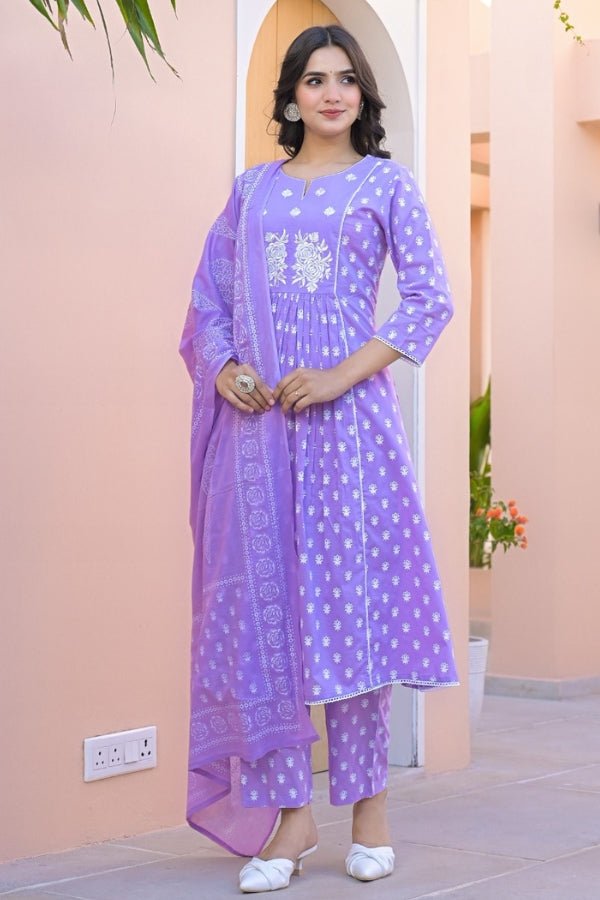 Elegant Purple 3 - Piece Kurti, Pant & Dupatta Set Embroidered Cotton Ensemble - Anusheet Fashion