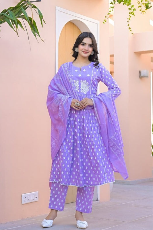 Elegant Purple 3 - Piece Kurti, Pant & Dupatta Set Embroidered Cotton Ensemble - Anusheet Fashion