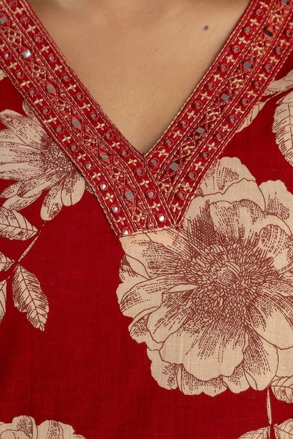Elegant Red Floral Kurti Set with Embroidery & Dupatta - Anusheet Fashion