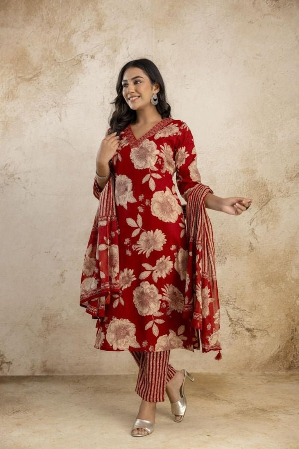 Elegant Red Floral Kurti Set with Embroidery & Dupatta - Anusheet Fashion