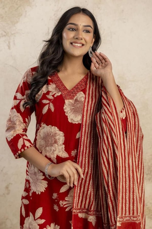 Elegant Red Floral Kurti Set with Embroidery & Dupatta - Anusheet Fashion