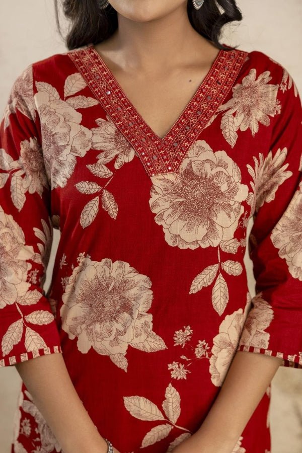 Elegant Red Floral Kurti Set with Embroidery & Dupatta - Anusheet Fashion