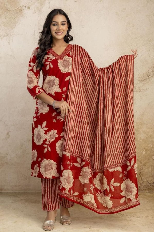 Elegant Red Floral Kurti Set with Embroidery & Dupatta - Anusheet Fashion
