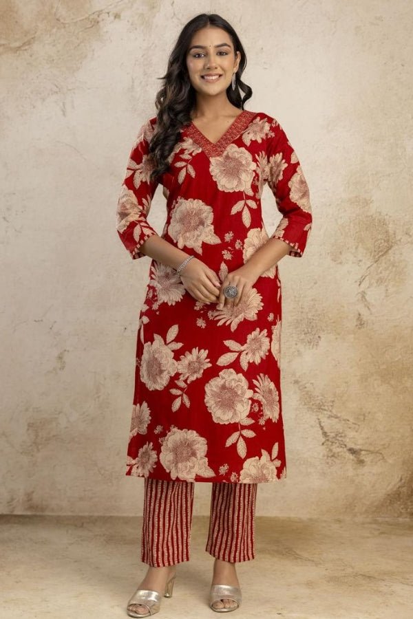 Elegant Red Floral Kurti Set with Embroidery & Dupatta - Anusheet Fashion