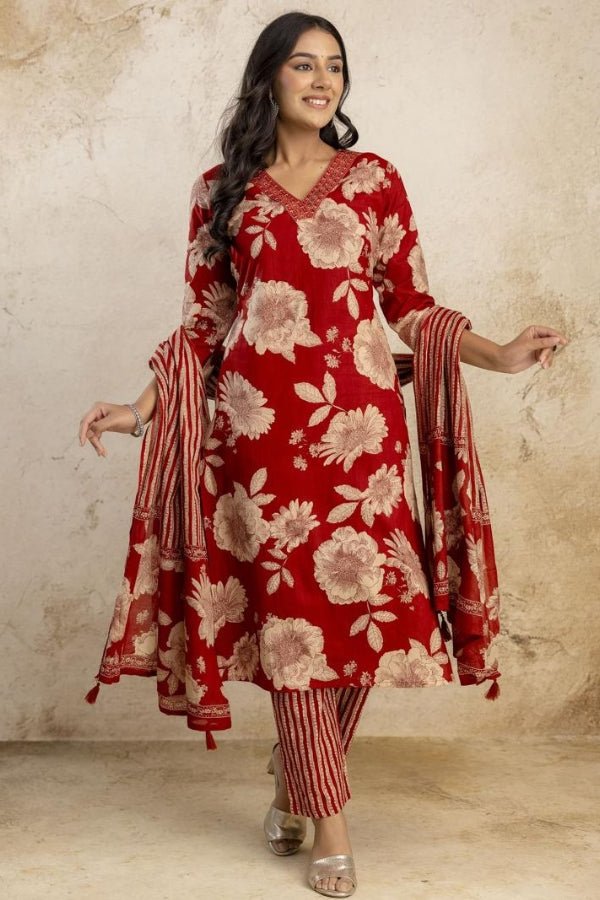 Elegant Red Floral Kurti Set with Embroidery & Dupatta - Anusheet Fashion