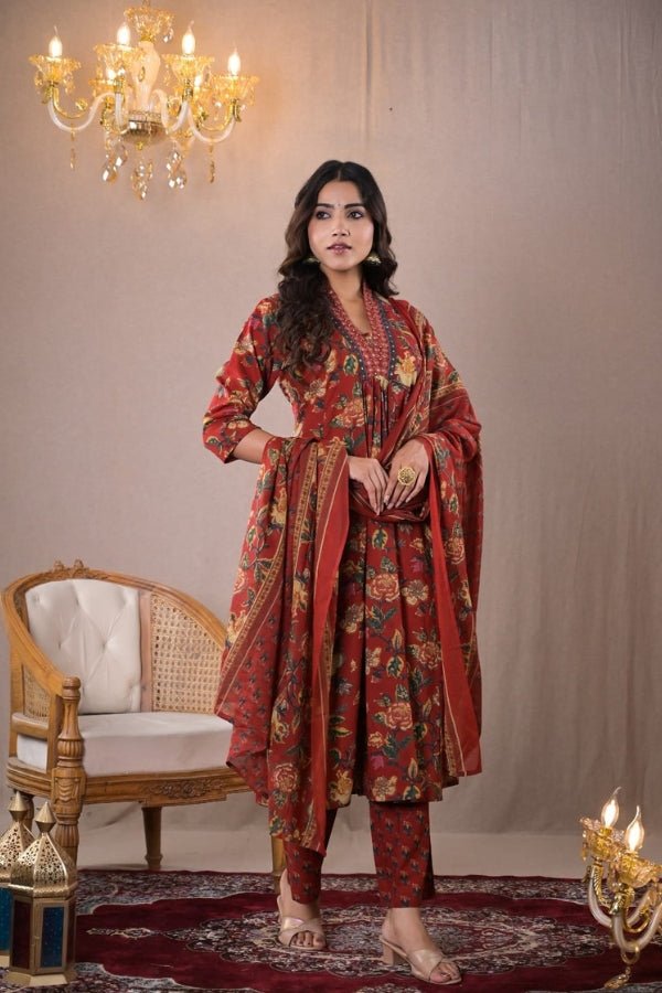 Elegant Rust Red Floral Printed Kurta Set with Dupatta β Timeless Ethnic Charm π - Anusheet Fashion