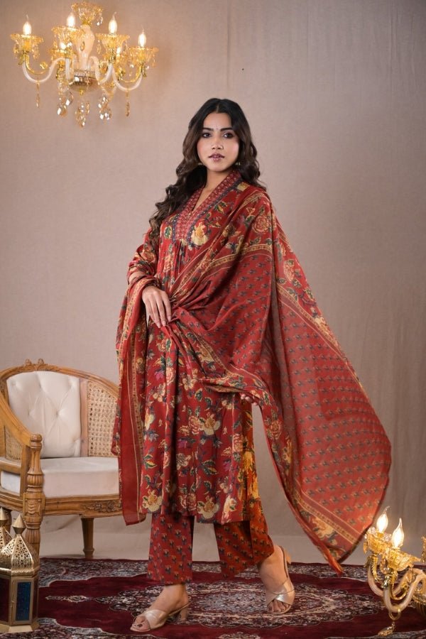 Elegant Rust Red Floral Printed Kurta Set with Dupatta β Timeless Ethnic Charm π - Anusheet Fashion