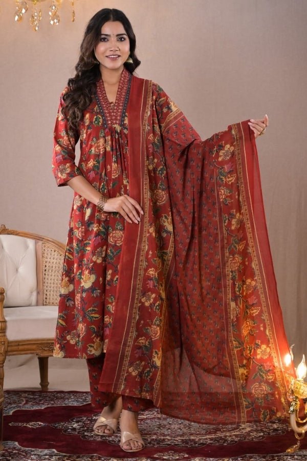 Elegant Rust Red Floral Printed Kurta Set with Dupatta β Timeless Ethnic Charm π - Anusheet Fashion
