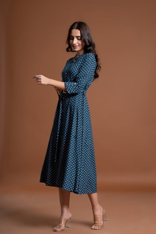 Geometric Print Fit & Flare Midi Dress with Mandarin Collar - Anusheet Fashion