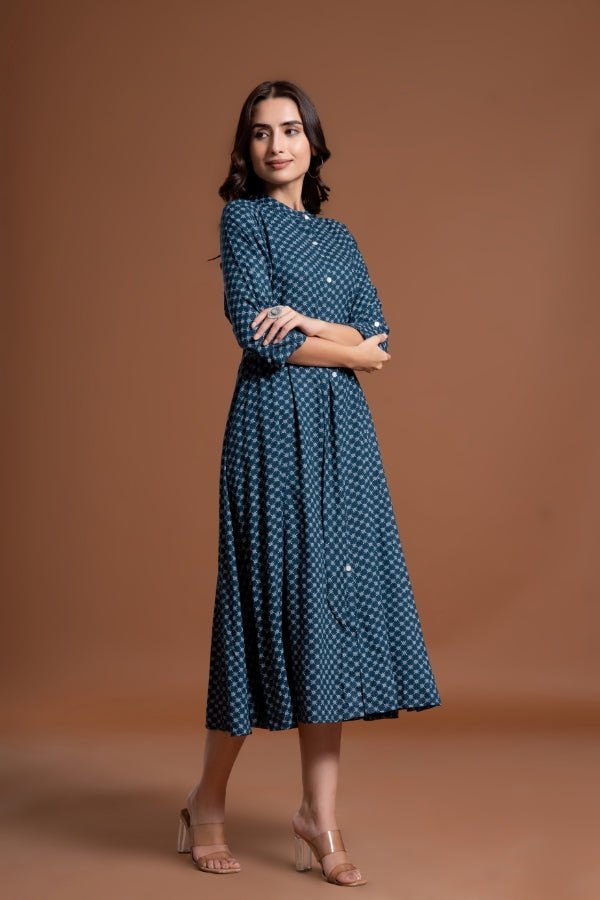 Geometric Print Fit & Flare Midi Dress with Mandarin Collar - Anusheet Fashion