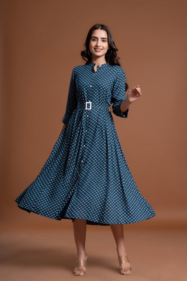 Geometric Print Fit & Flare Midi Dress with Mandarin Collar - Anusheet Fashion
