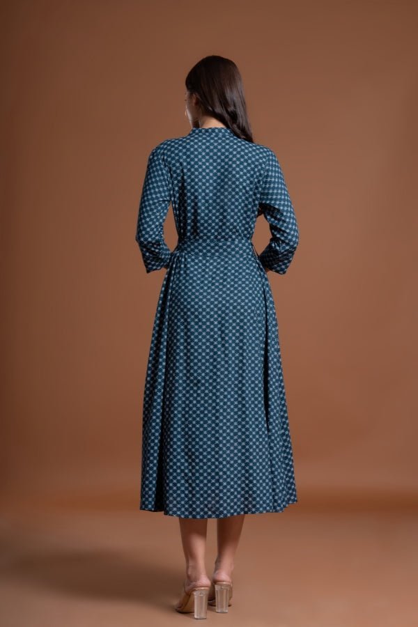Geometric Print Fit & Flare Midi Dress with Mandarin Collar - Anusheet Fashion