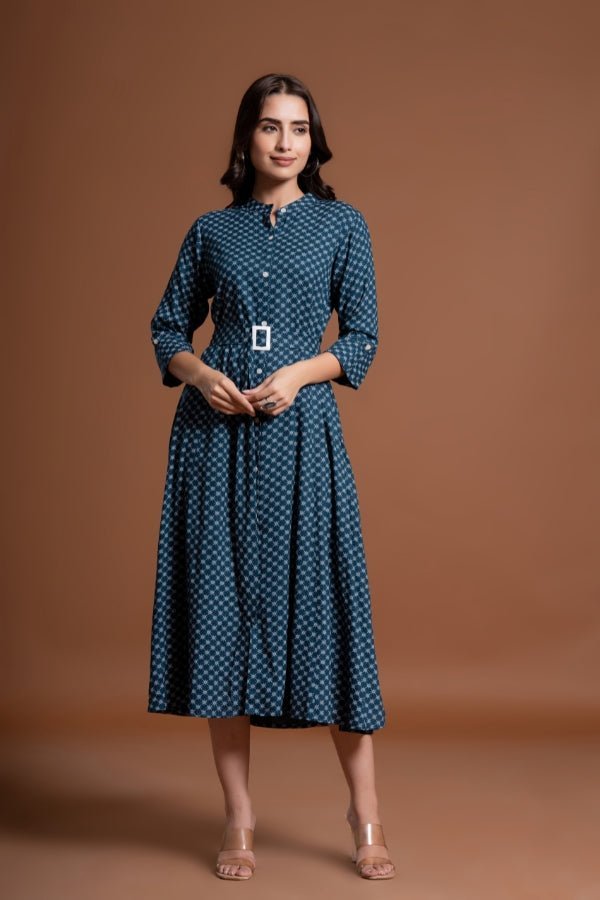 Geometric Print Fit & Flare Midi Dress with Mandarin Collar - Anusheet Fashion