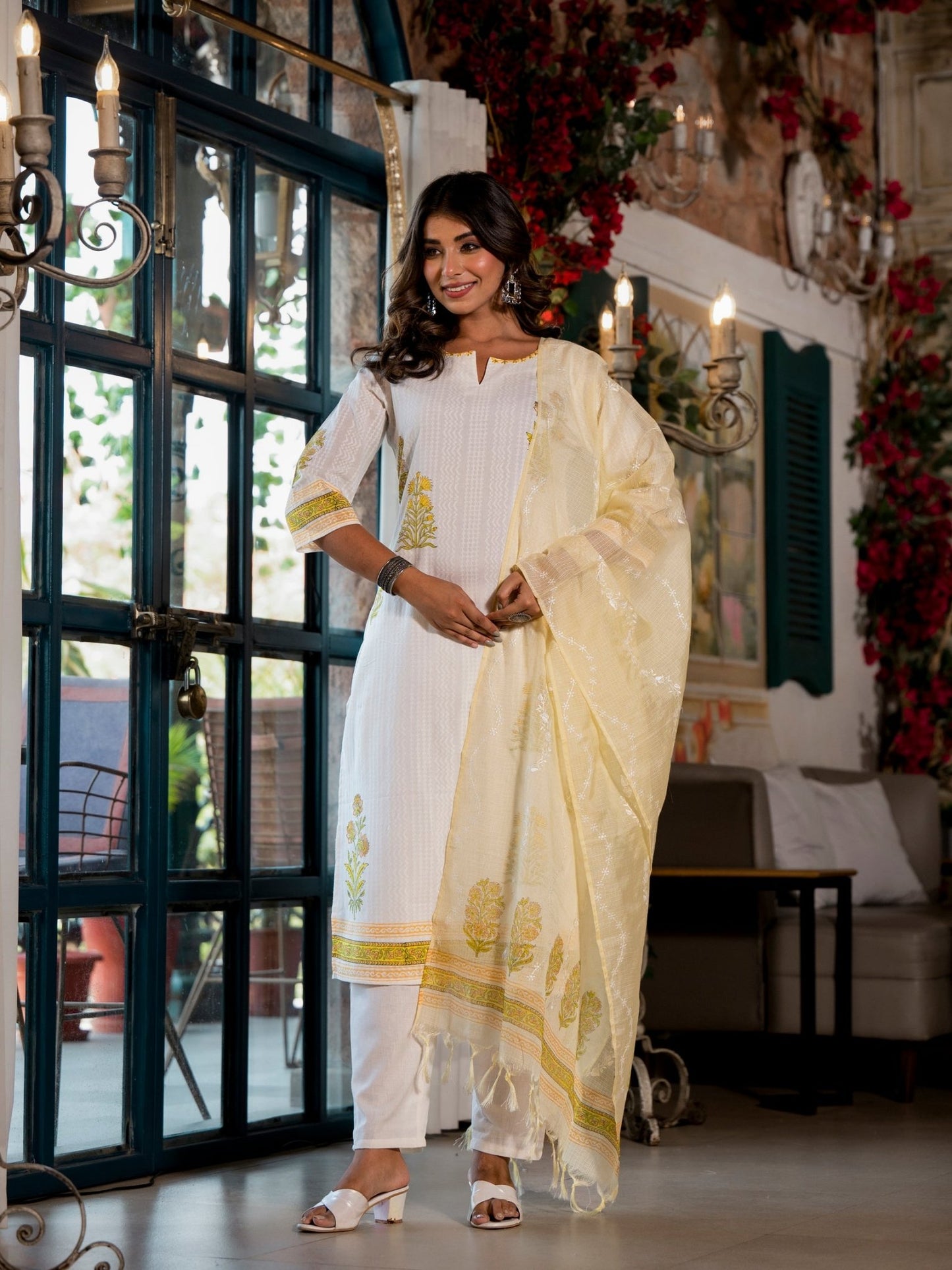 Gorgeous White Floral Print Suit Set - Anusheet Fashion