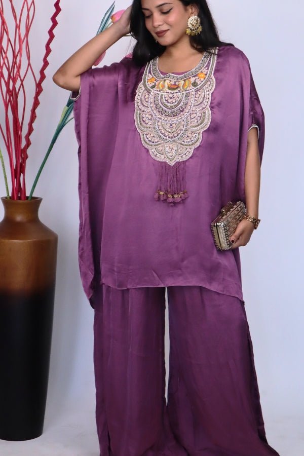 Graceful Purple Indo - Western Embroidered Dress A Statement of Elegance - Anusheet Fashion