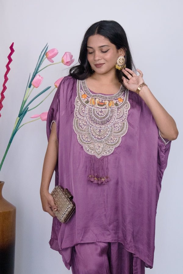 Graceful Purple Indo - Western Embroidered Dress A Statement of Elegance - Anusheet Fashion