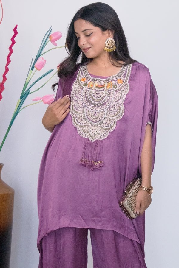 Graceful Purple Indo - Western Embroidered Dress A Statement of Elegance - Anusheet Fashion