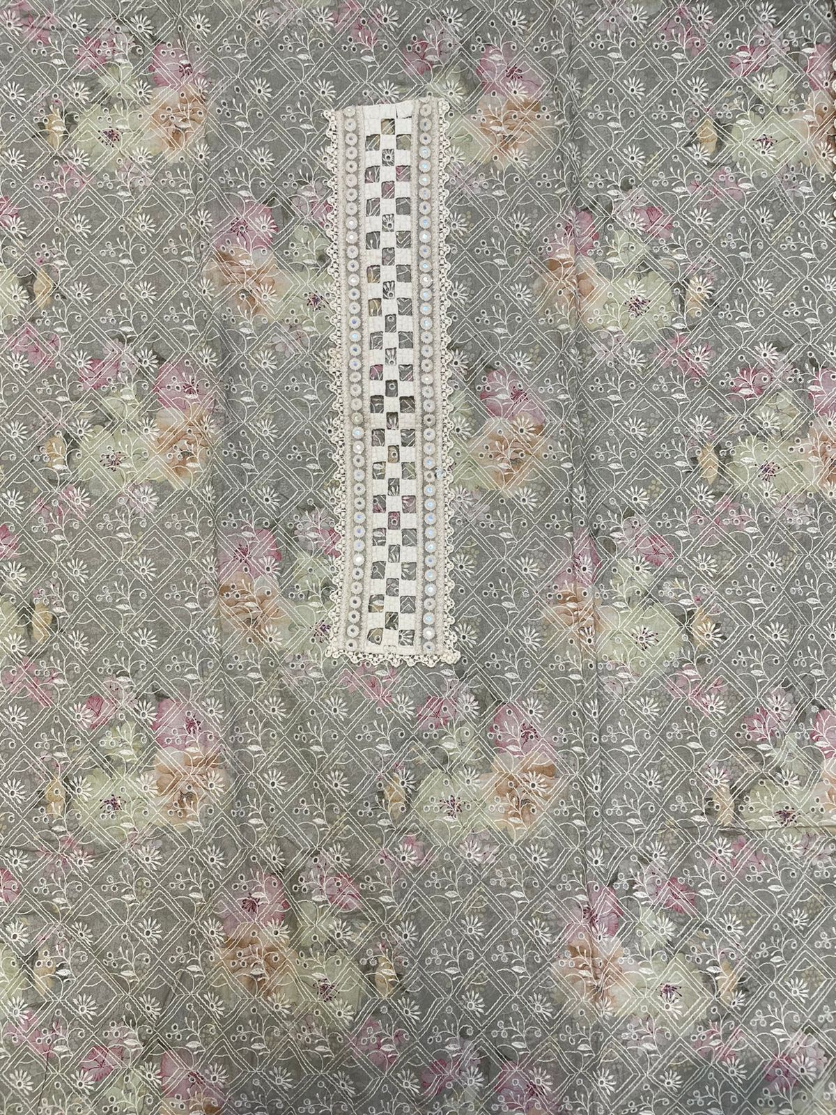 Grey Threadwork And Print Unstitched Suit Set - Anusheet Fashion