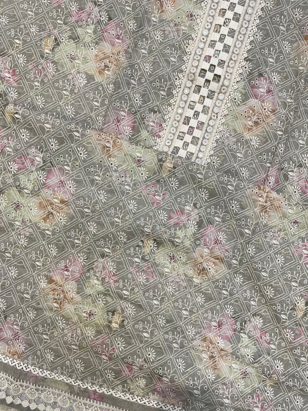 Grey Threadwork And Print Unstitched Suit Set - Anusheet Fashion