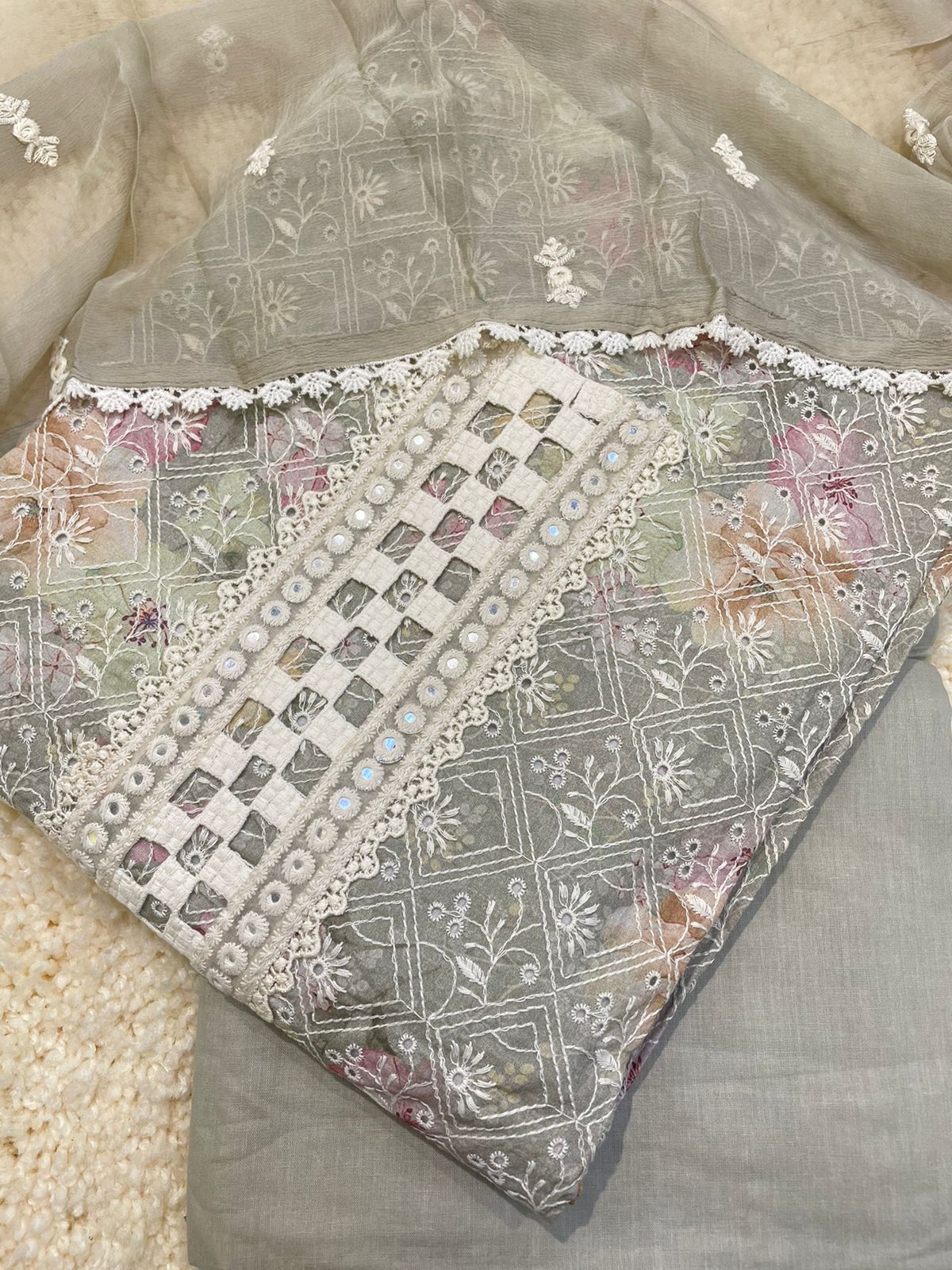 Grey Threadwork And Print Unstitched Suit Set - Anusheet Fashion