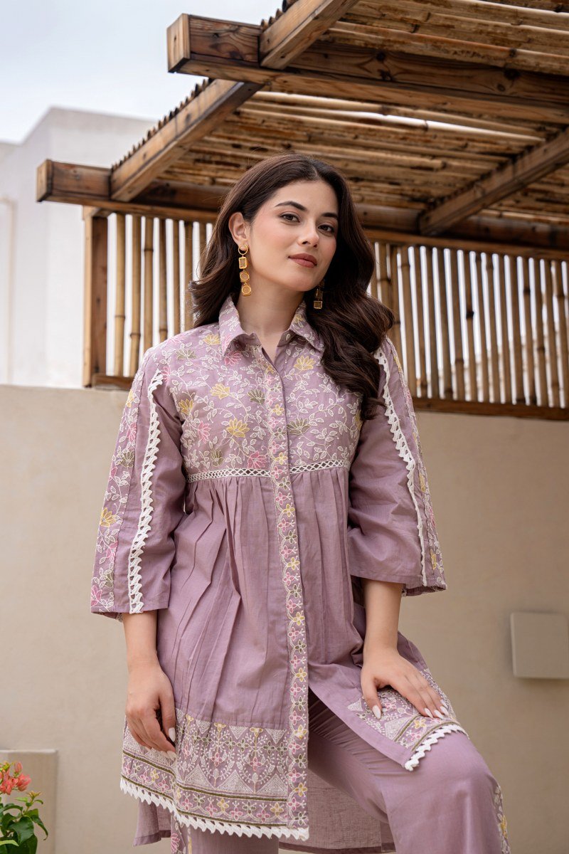 Lavender Colored Floral Embroidery Co - ord Set - Anusheet Fashion
