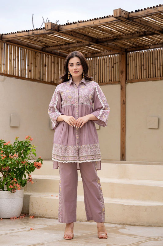 Lavender Colored Floral Embroidery Co - ord Set - Anusheet Fashion