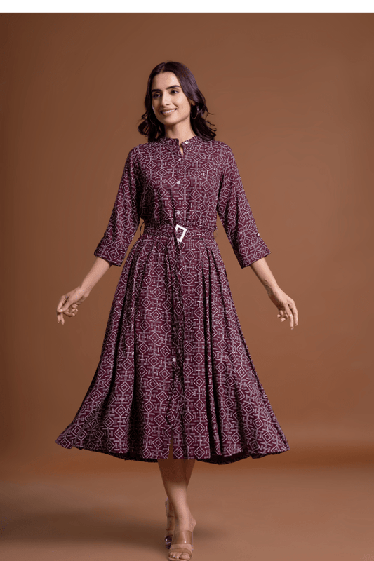 Maroon Fit & Flare Midi Dress with Belt - Anusheet Fashion