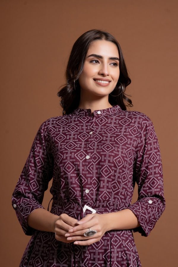 Maroon Fit & Flare Midi Dress with Belt - Anusheet Fashion