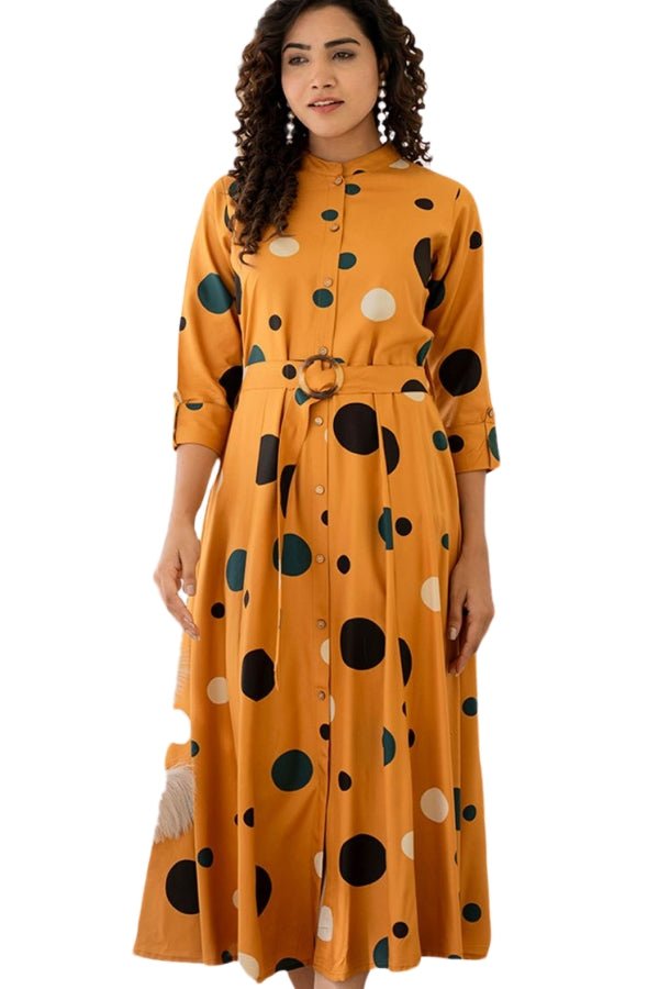 Mustard Magic Polka Dot Belted Midi Dress ๐โจ - Anusheet Fashion