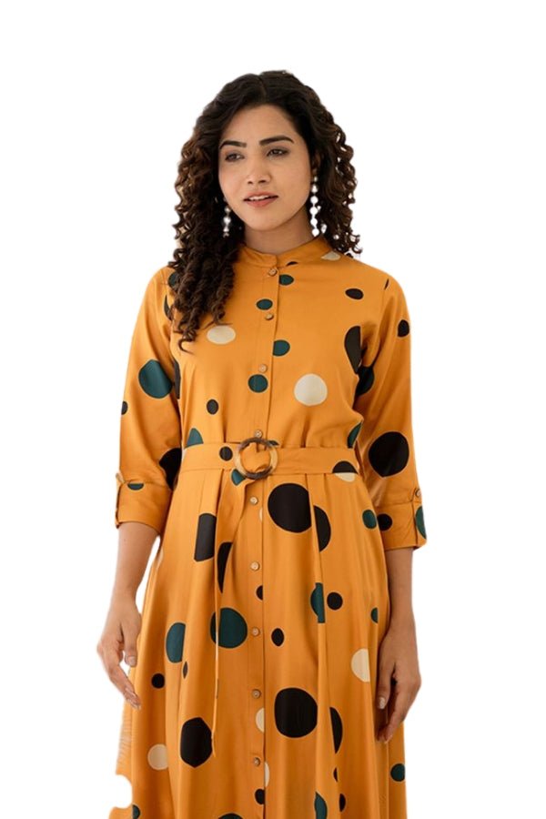 Mustard Magic Polka Dot Belted Midi Dress ๐โจ - Anusheet Fashion