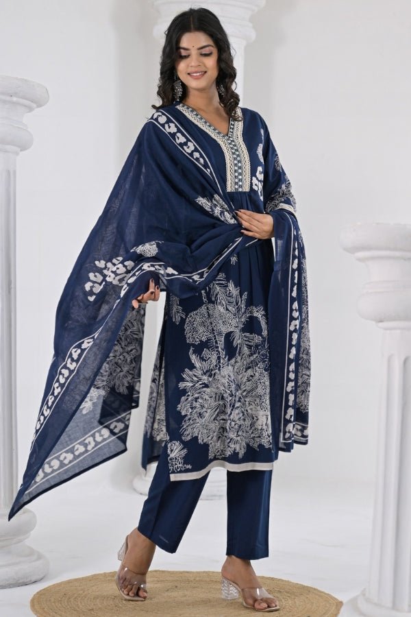 Navy Blue 3 - Piece Kurti, Pant & Dupatta Set Elegant Mirror & Lace Work - Anusheet Fashion