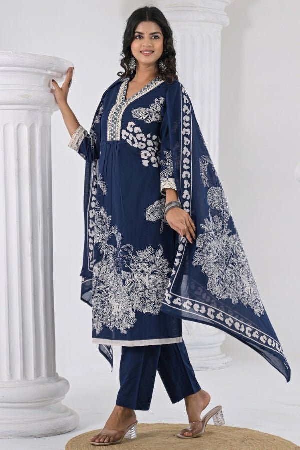 Navy Blue 3 - Piece Kurti, Pant & Dupatta Set Elegant Mirror & Lace Work - Anusheet Fashion