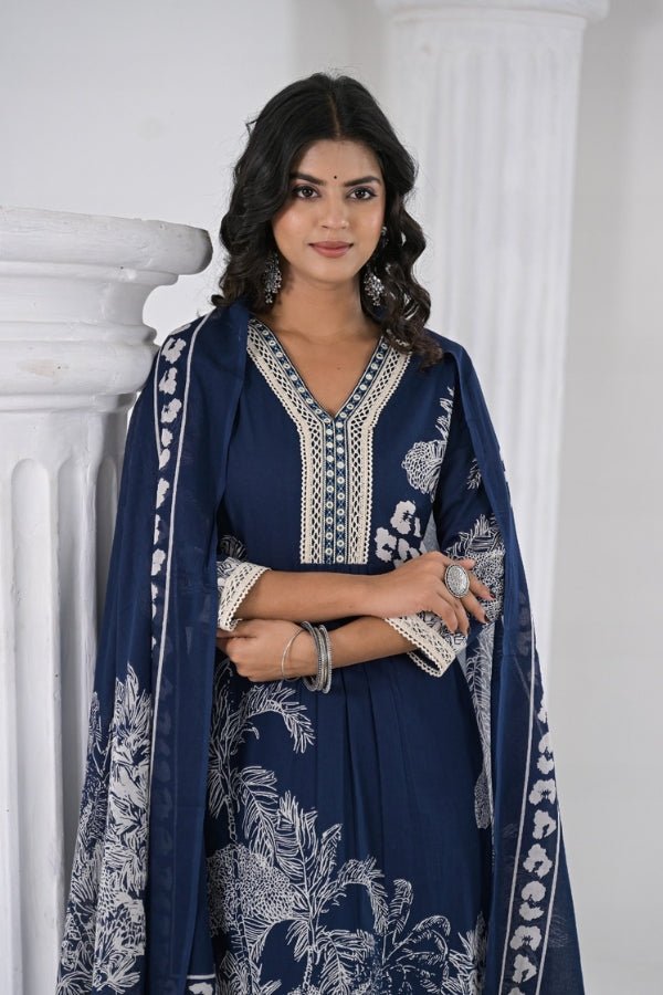 Navy Blue 3 - Piece Kurti, Pant & Dupatta Set Elegant Mirror & Lace Work - Anusheet Fashion