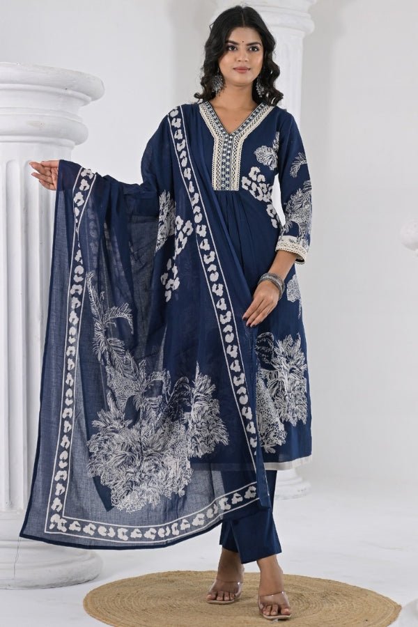 Navy Blue 3 - Piece Kurti, Pant & Dupatta Set Elegant Mirror & Lace Work - Anusheet Fashion