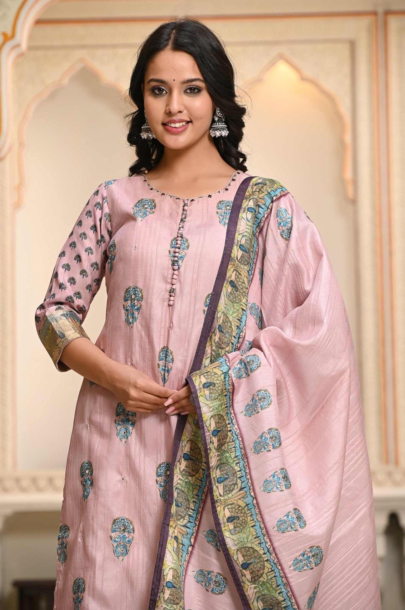 Pastel Floral Block Print On Pure Suit Set - Anusheet Fashion