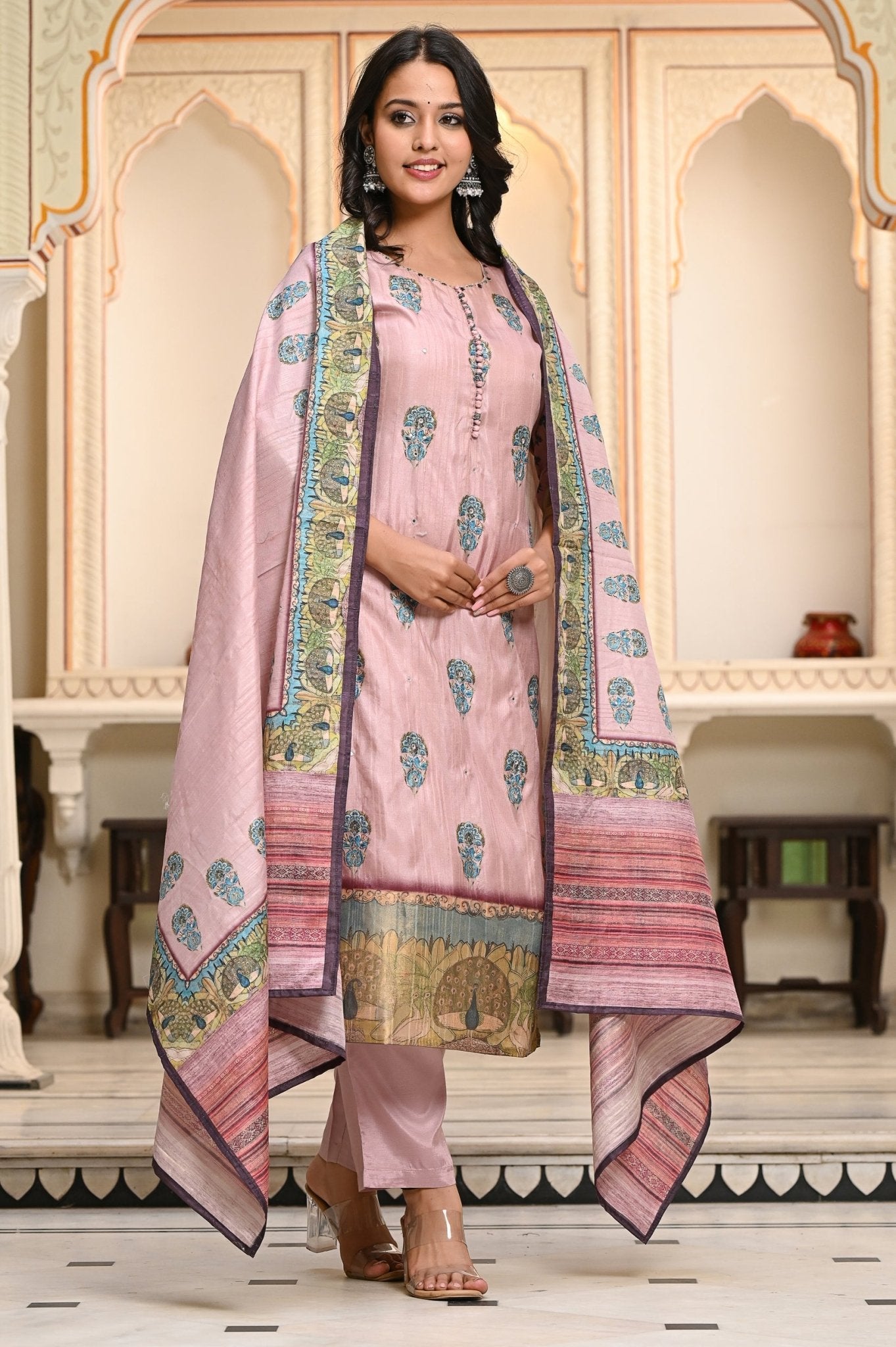 Pastel Floral Block Print On Pure Suit Set - Anusheet Fashion
