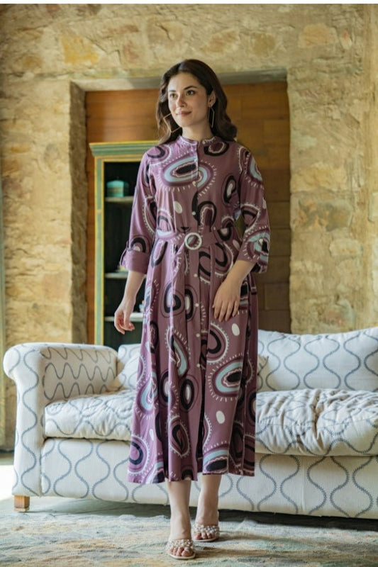 Pink Abstract Printed Pure Rayon Midi Dress with Stand Collar - Anusheet Fashion