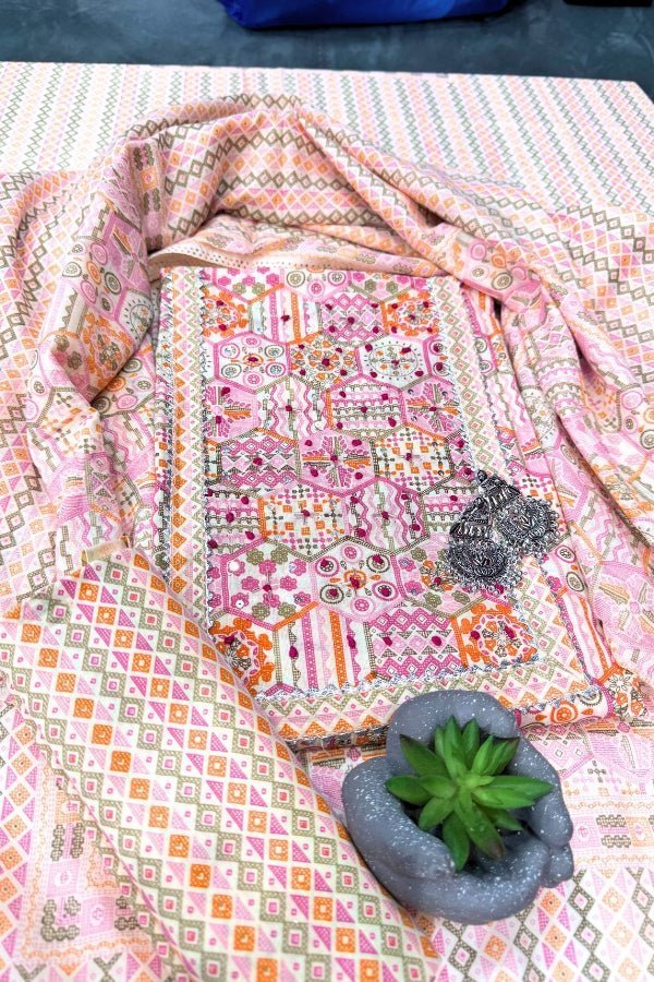 Pure Cotton Unstitched Suit Material Set with Handwork Detailing - Anusheet Fashion
