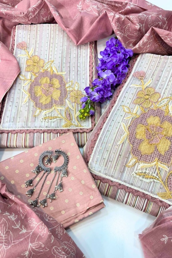 Pure Cotton Unstitched Suit Material with Striped Pattern - Anusheet Fashion