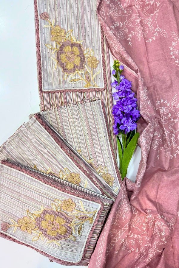 Pure Cotton Unstitched Suit Material with Striped Pattern - Anusheet Fashion