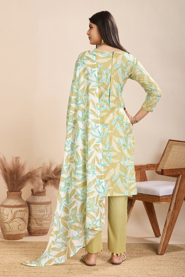 Pure Semi - Cambric Print Suit with Mal Cotton Dupatta in Green - Anusheet Fashion