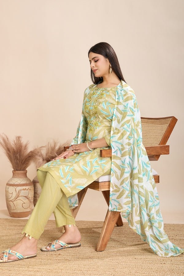 Pure Semi - Cambric Print Suit with Mal Cotton Dupatta in Green - Anusheet Fashion