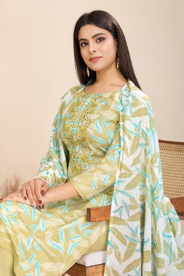 Pure Semi - Cambric Print Suit with Mal Cotton Dupatta in Green - Anusheet Fashion