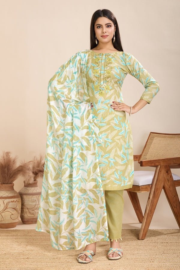 Pure Semi - Cambric Print Suit with Mal Cotton Dupatta in Green - Anusheet Fashion