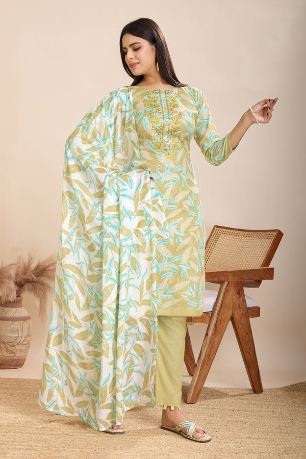 Pure Semi - Cambric Print Suit with Mal Cotton Dupatta in Green - Anusheet Fashion